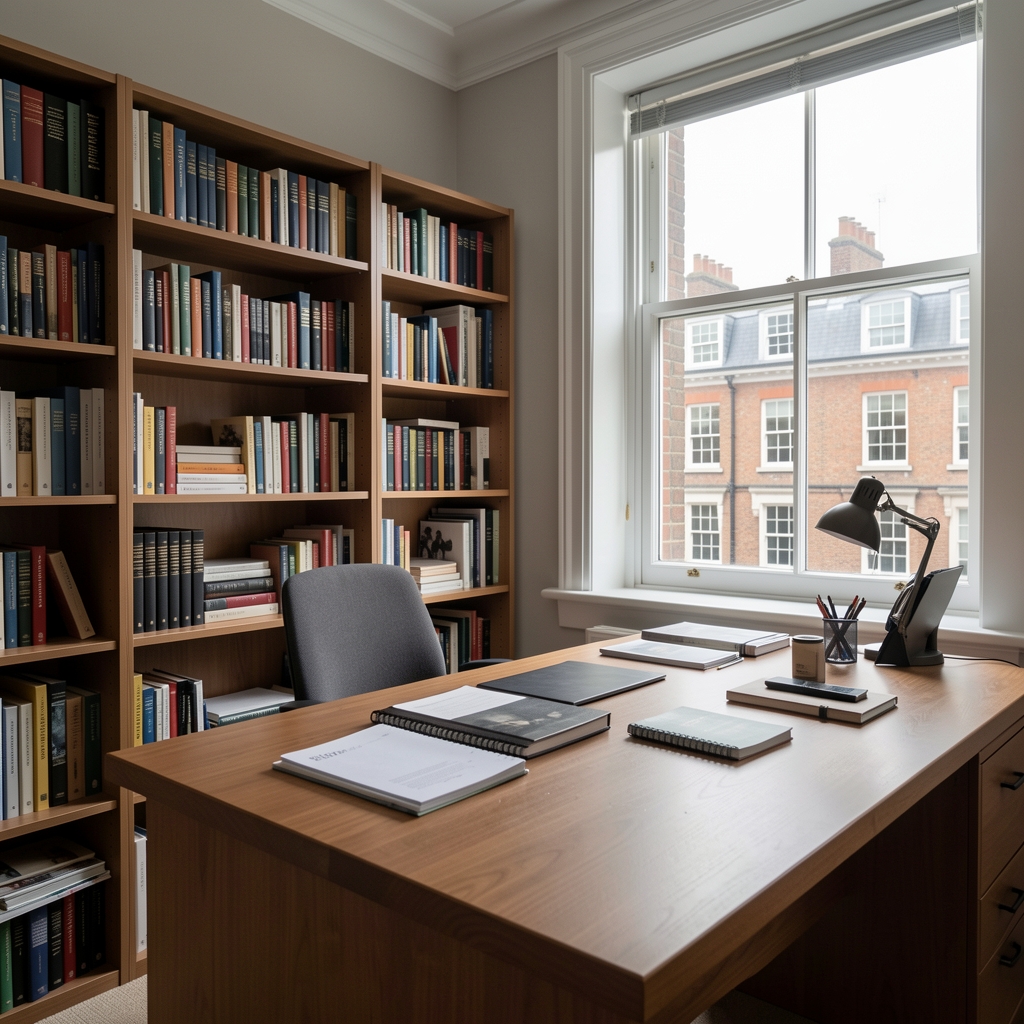 Editorial office interior with a desk, bookshelf, and large window letting in grey London daylight, ordered workspace with notebooks and reference materials visible