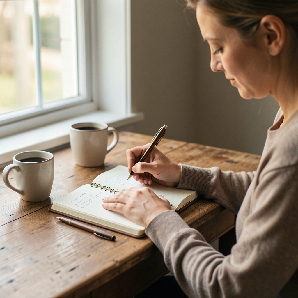 Person writing in a food journal at a desk with morning coffee, notebook open, daylight through window, representing food journalling and self-reflection