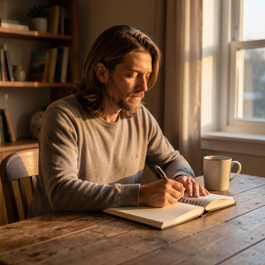 Person sitting quietly at a wooden table with a journal, evening light, contemplative mood suggesting awareness of eating habits
