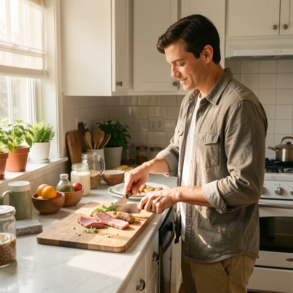 Weekend kitchen scene, relaxed morning light, person in casual clothes preparing food at ease, no urgency, representing weekend eating patterns and comfort food habits