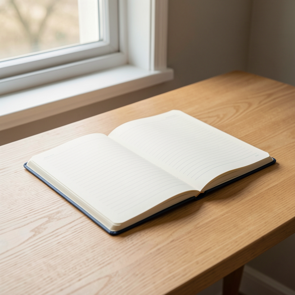 Open notebook on a clean wooden desk with soft natural daylight from a nearby window